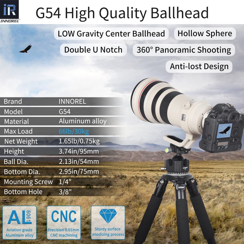 Innorel Low Profile Tripod Ball Head-INNOREL Panoramic CNC Metal Camera Tripod Ballhead with 1/4" Arca Swiss Quick Release Plate Aluminum Alloy head for Tripods,Monopod,DSLR,Camcorder,Max Load 66lb/30kg (G54) - Image 2